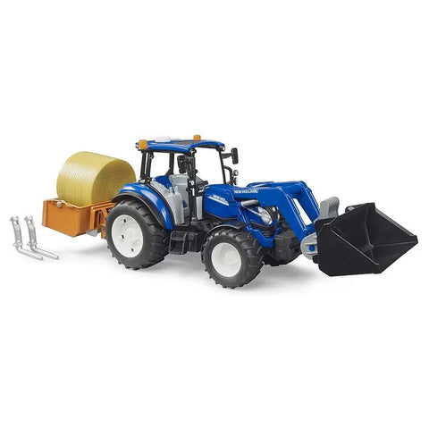 Bruder Trucks #09861 New Holland Powerstar T5.120 with load box, bale and forks - Brand New