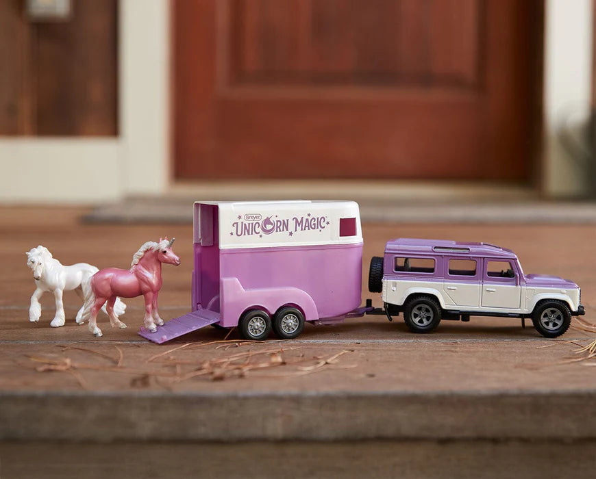 Breyer Stablemate Horse #10250 Unicorn Magic Land Rover and Tag-a-Long Trailer - Brand New!