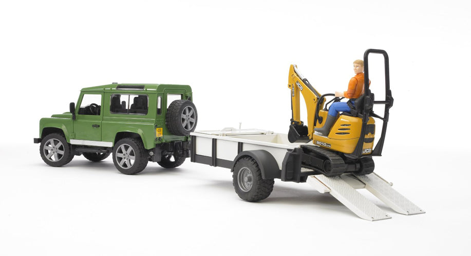 Bruder #02593 Land Rover Defender with Trailer, JCB Micro Excavator and Construction Worker - New - Factory Sealed #2593