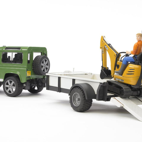 Bruder #02593 Land Rover Defender with Trailer, JCB Micro Excavator and Construction Worker - New - Factory Sealed #2593