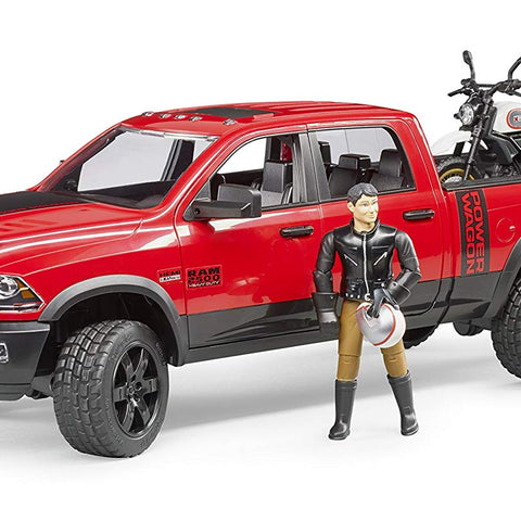 Bruder #02502 RAM Power Wagon with Scrambler Ducati Desert Sled and Figure - New Factory Sealed #2502